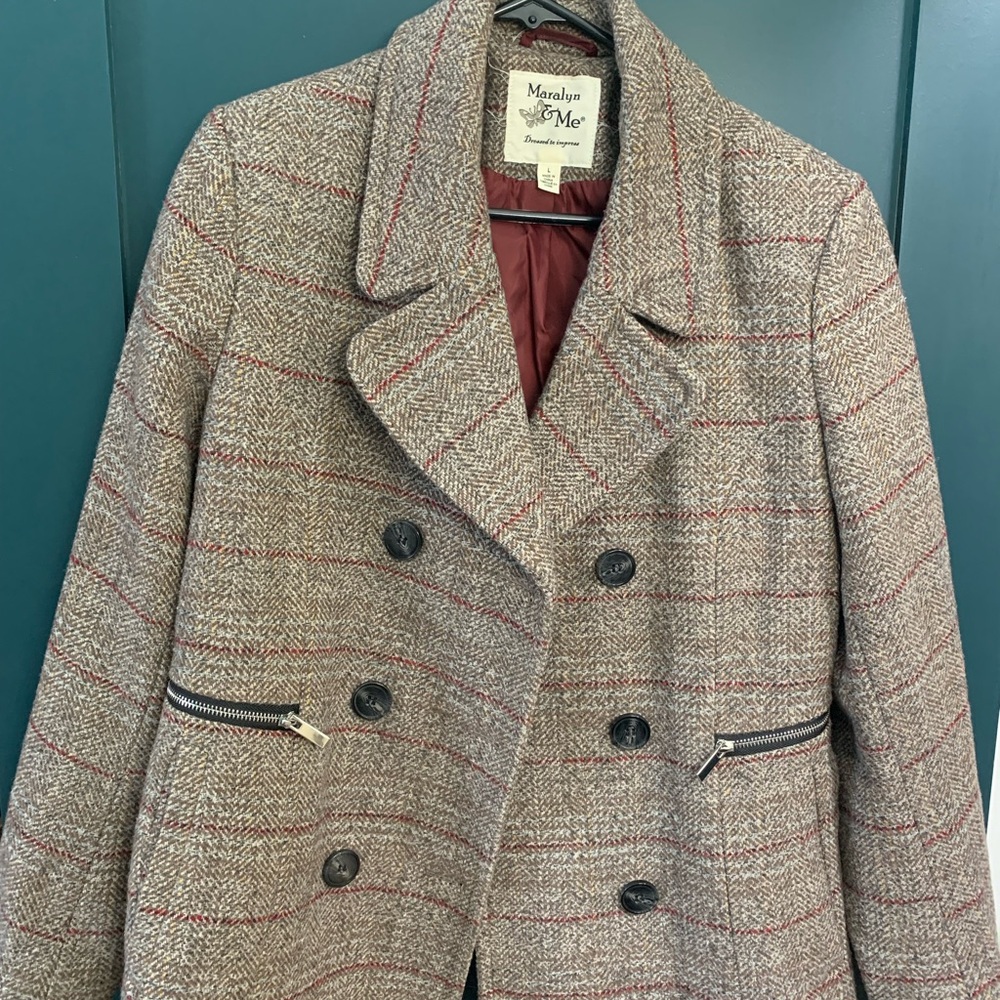 Calvin Klein Women's Gray and Red Plaid Pea Coat